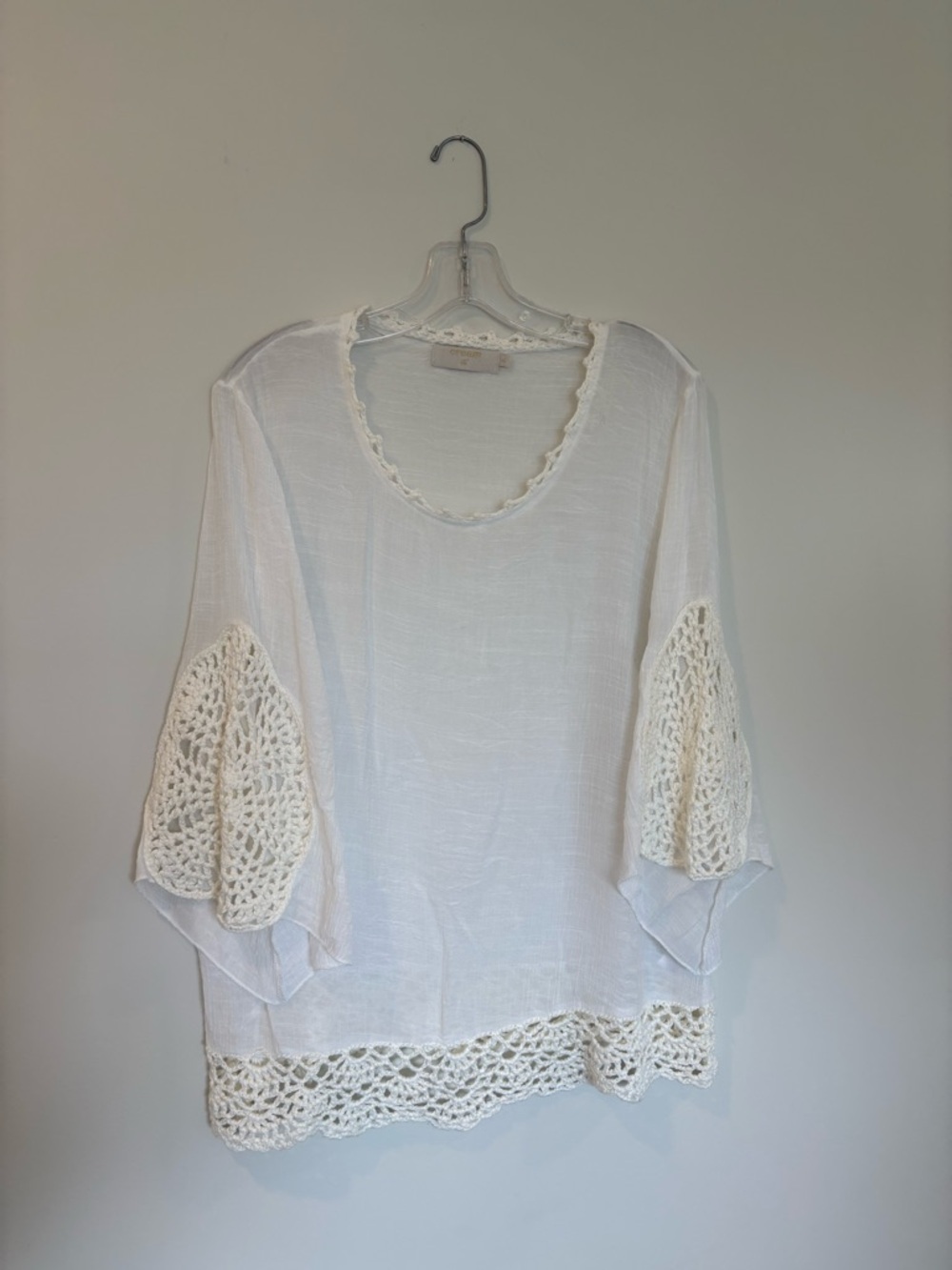 Cream Boho Crochet Lace Blouse | Romantic Gauze Top | Boutique Style | 42 (Euro)